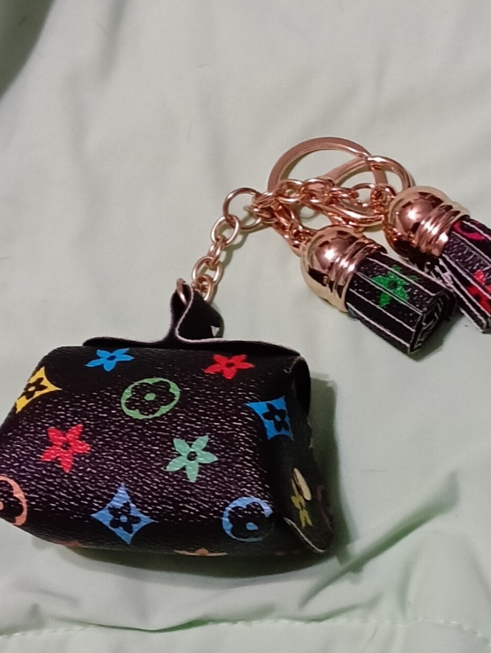 Multicolor Monogram Mini Purse Keychain with 2 Tassels Charms - Picture 2 of 2